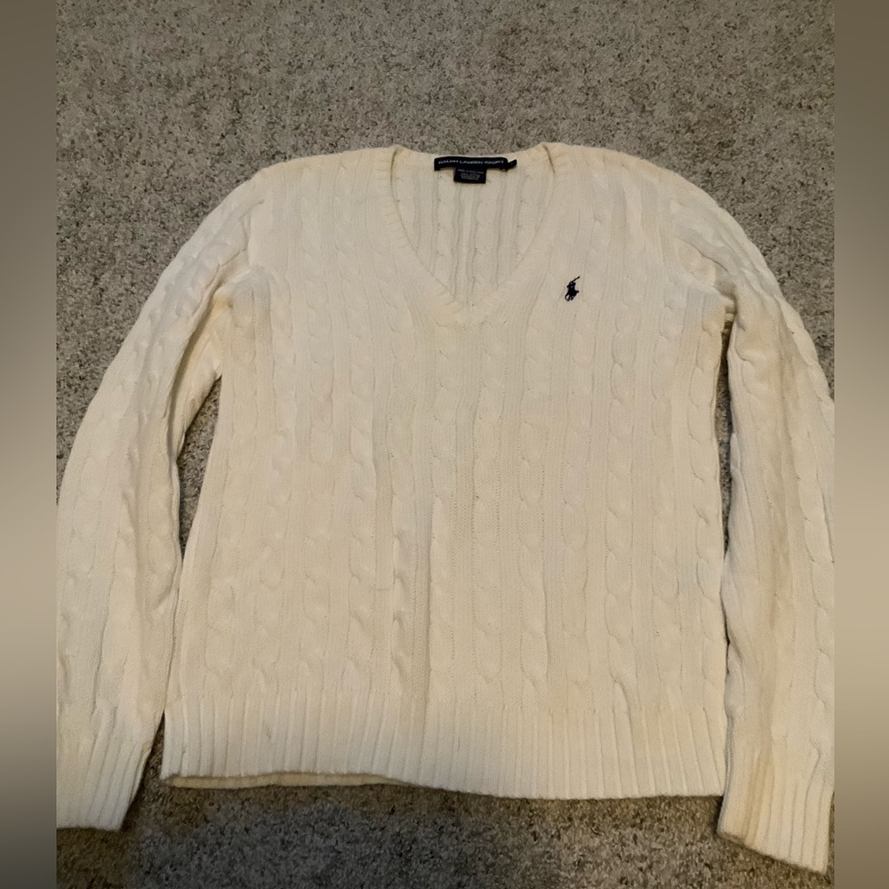 White Polo Ralph Lauren Cable Knit V-Neck sweater size Large